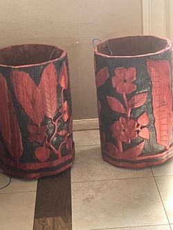 Pair of Carved Wood Floral Barrel Planters