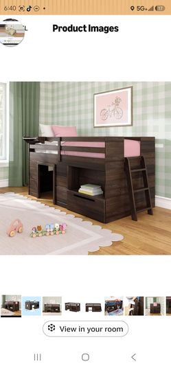 Max & Lily Loft Bed Twin Size, Solid Wood Low Loft Bed with Storage Drawer and Ladder, Modern Farmhouse Loft Bed for Kids, Barnwood Brown