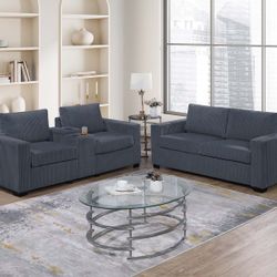 Dark Grey Corduroy Sofa Loveseat Set Center Console With USB Charging Port And Cup Holders Brand New Firm Price $499