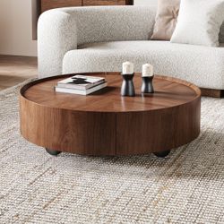 New Minimalist Luxury Walnut Round Coffee Table with Storage Drawers, Modern Living Room Center Table with Silent-Glide Drawers, Easy Assembly  New in