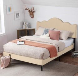 VECELO Full Upholstered Platform Bed Frame with Adjustable Headboard, Mattress Foundation with Strong Wood Slat Support, No Box Spring Needed, Khaki