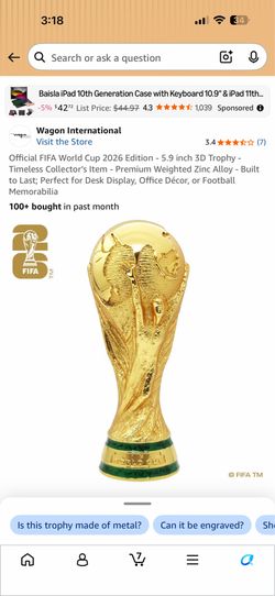 Official FIFA World Cup 2026 Edition - 5.9 inch 3D Trophy - Timeless Collector's Item - Premium Weighted Zinc Alloy - Built to Last; Perfect for Desk 