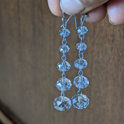 Vintage 1930's Crystal Prism Faceted Silver Dangle Earrings 2.5" Silver Shepherds Hook. Handcrafted.