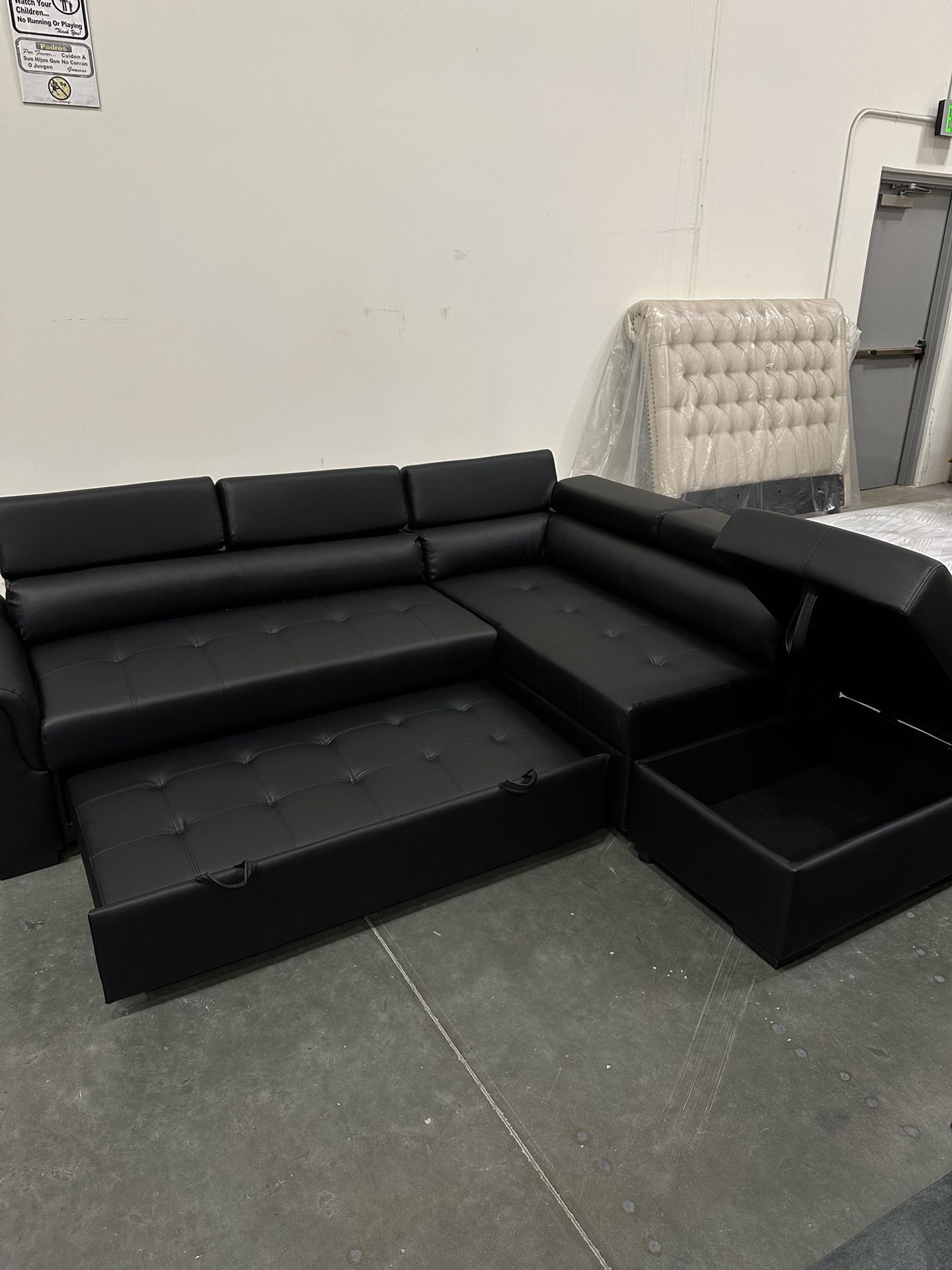 New! Contemporary Black Sectional, Black Faux Leather Sofa, L-Shaped Sofa With Pull-out Bed, Sofabed, Sectional Sofa Bed, Black Couch, Leatherette Sof