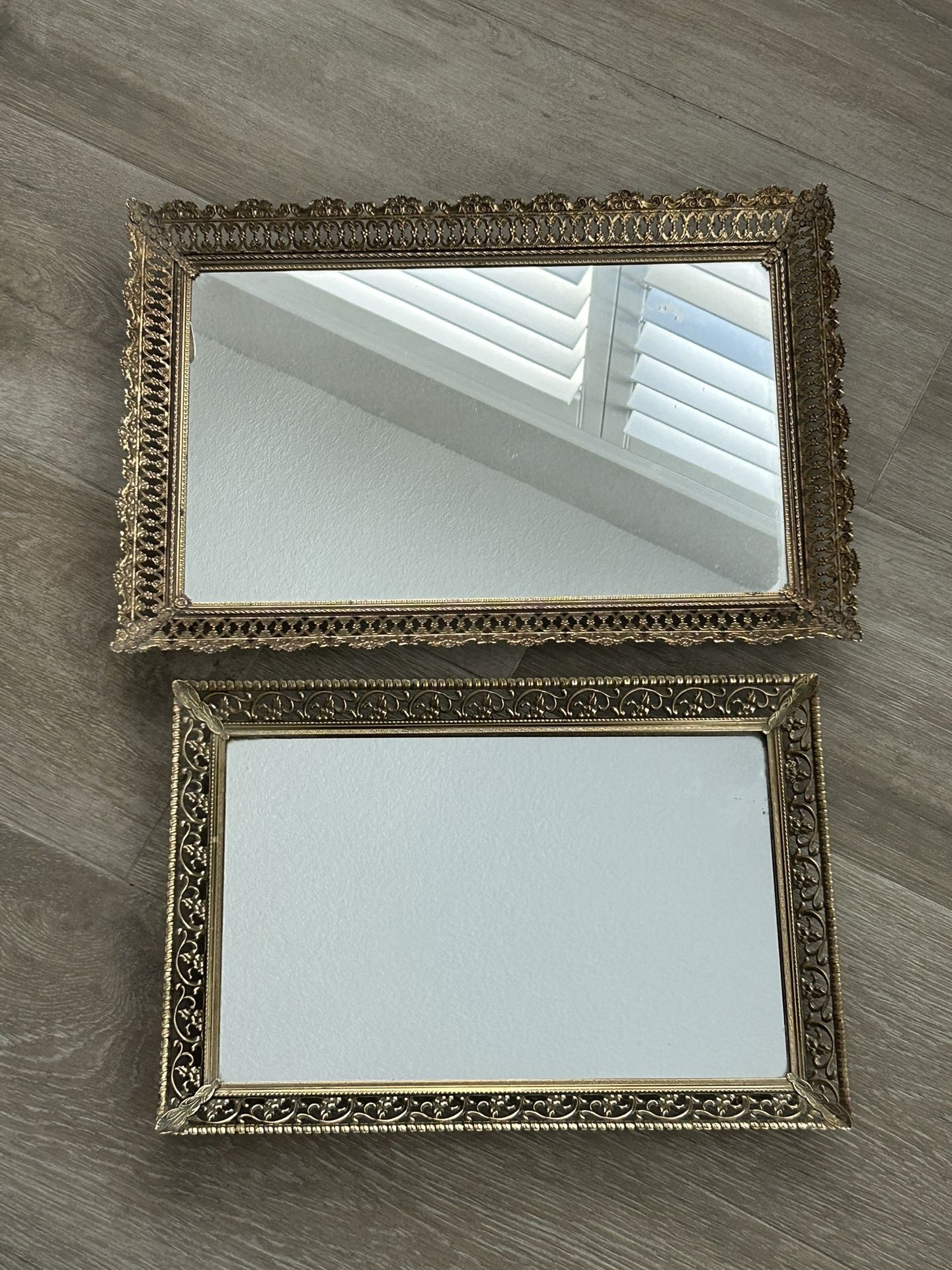 Vintage Gold Metal Filigree Rectangular Mirror Mirrored Vanity Tray READ