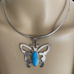 Sterling Silver And Turquoise Butterfly With Silver Choker