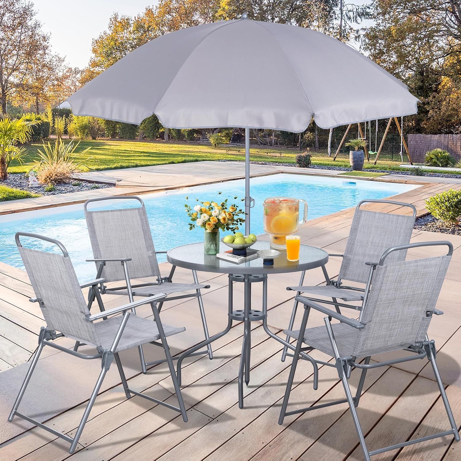New 6 Piece All Weather Folding Dining Set, Small Outdoor Metal Table and Chairs Set, Garden Furniture Set with Umbrella, Glass Table and 4 Chairs Ne