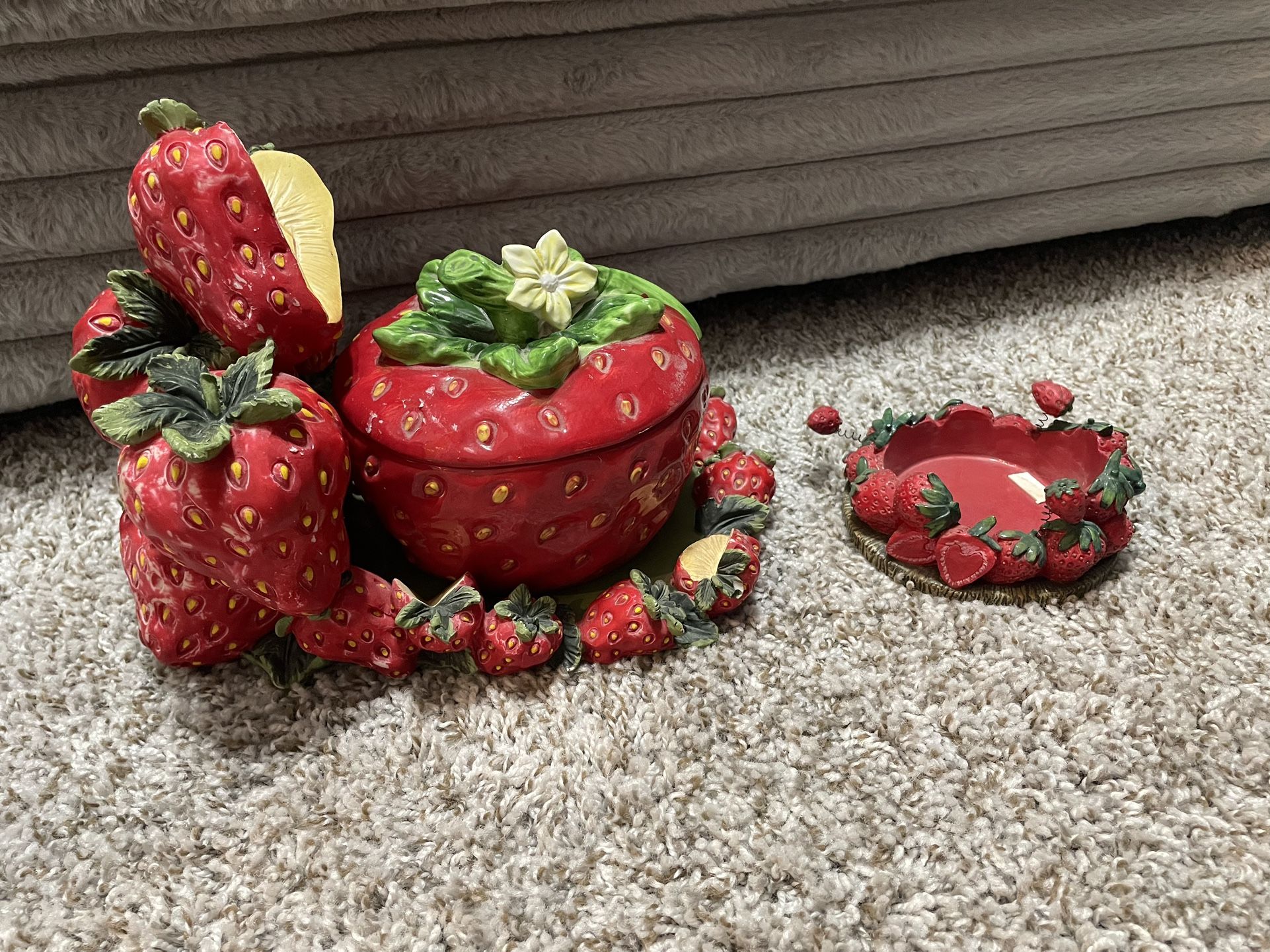 Vintage strawberry cookie jar and candle holder 