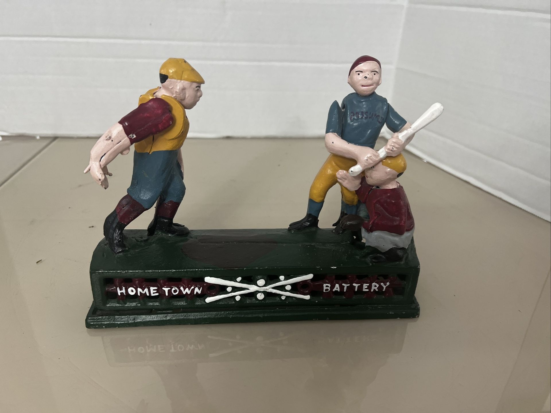Vintage "Baseball" Mechanical Cast Iron Coin Bank Home town Battery