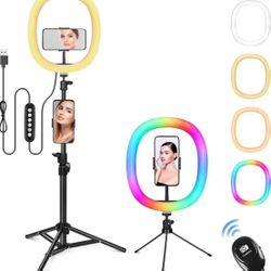 12" RGB Selfie Ring Light with Tripod Stand, Dimmable LED Ring Light with Remote & Phone Holder