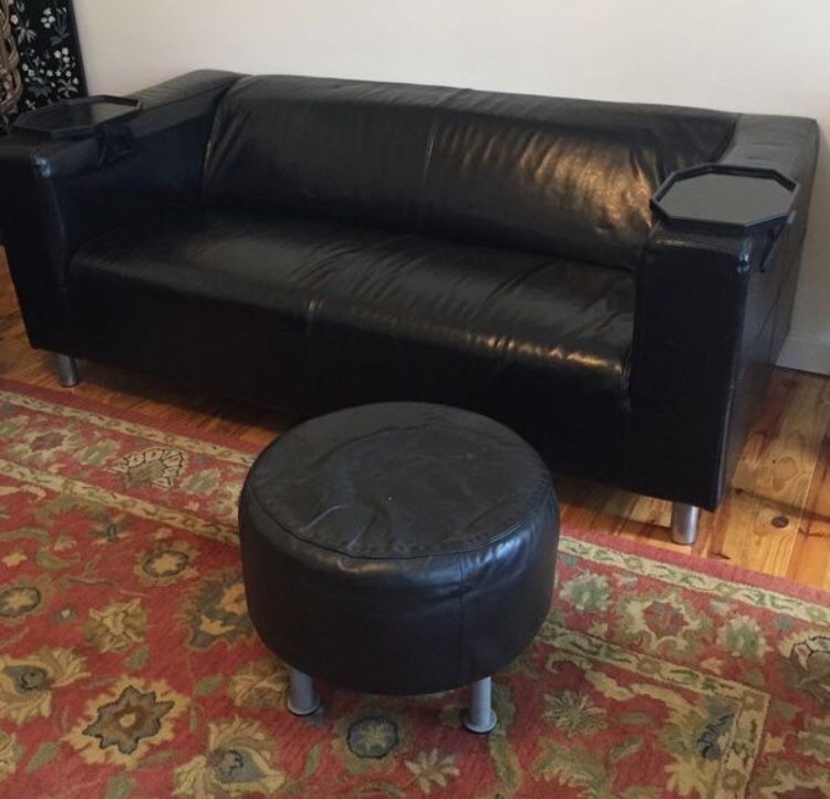 IKEA Klippan black leather love seat sofa couch + ottoman