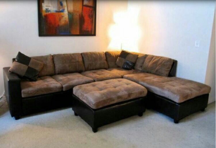Microfiber Tan sectional, reversible chaise...NEW