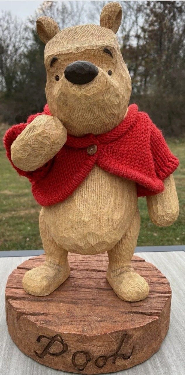 DISNEY POOH BIG FIGURE WINNIE THE POOH 75TH ANNIVERSARY FAUX WOOD CARVED STANDING FIGURINE (RARE)