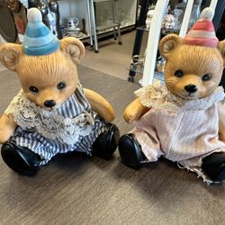 2 Poseable Teddy Bears Porcelain Birthday  Boy & Girl HOMCO 