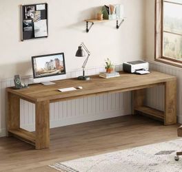 SL0088 Two Person Desk, 86.6 Inches Extra Long Desk, Double Computer Writing Table, Wood Large Desks Workstation for Home Office, Natural Wood