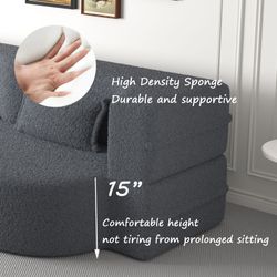 Modern Floor Sofa with 2 Pillows,Convertible Teddy Fabric Foam-Filled Sleeper Sofa Bed,15 Full Size Folding Mattress for Living Room,Guest Bed,Playroo