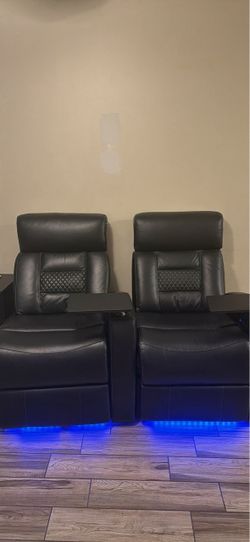 Black Leather Power Recliners with LED Lighting – Set of 2