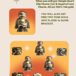 Retired Pandora 14k Gold Angel of Love Charm + 2 Heart Clips w/ Free Two-Tone Bracele