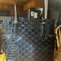  Michael Kors Tote Black Silver-Tone Hardware Dual Adjustable Shoulder Straps Leather Trim Embellishment & Dual Exterior Pockets Logo Jacquard Lining 