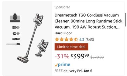 Dreametech T30 Cordless Vacuum Cleaner, 90mins Long Runtime Stick Vacuum, 190
