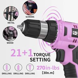 Cordless Drill Set, 20V Electric Power Drill with Battery And Charger, Torque 30N, 21+1 Torque Setting, 3/8-Inch Keyless Chuck, Drill Driver Bits Kit,