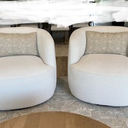 Set Of 2 Beige Cream White Boucle Polyester Upholstered Swivel Barrel Chairs