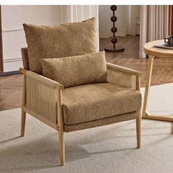 New in it’s box Karl home Cozy Chenille Accent Chair with Lumbar Pillow & Rattan Arms Modern Lounge