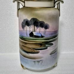 NIPPON HAND PAINTED LANDSCAPE SCENE FOOTED DOUBLE HANDLE Vase Pink 5 3/4”