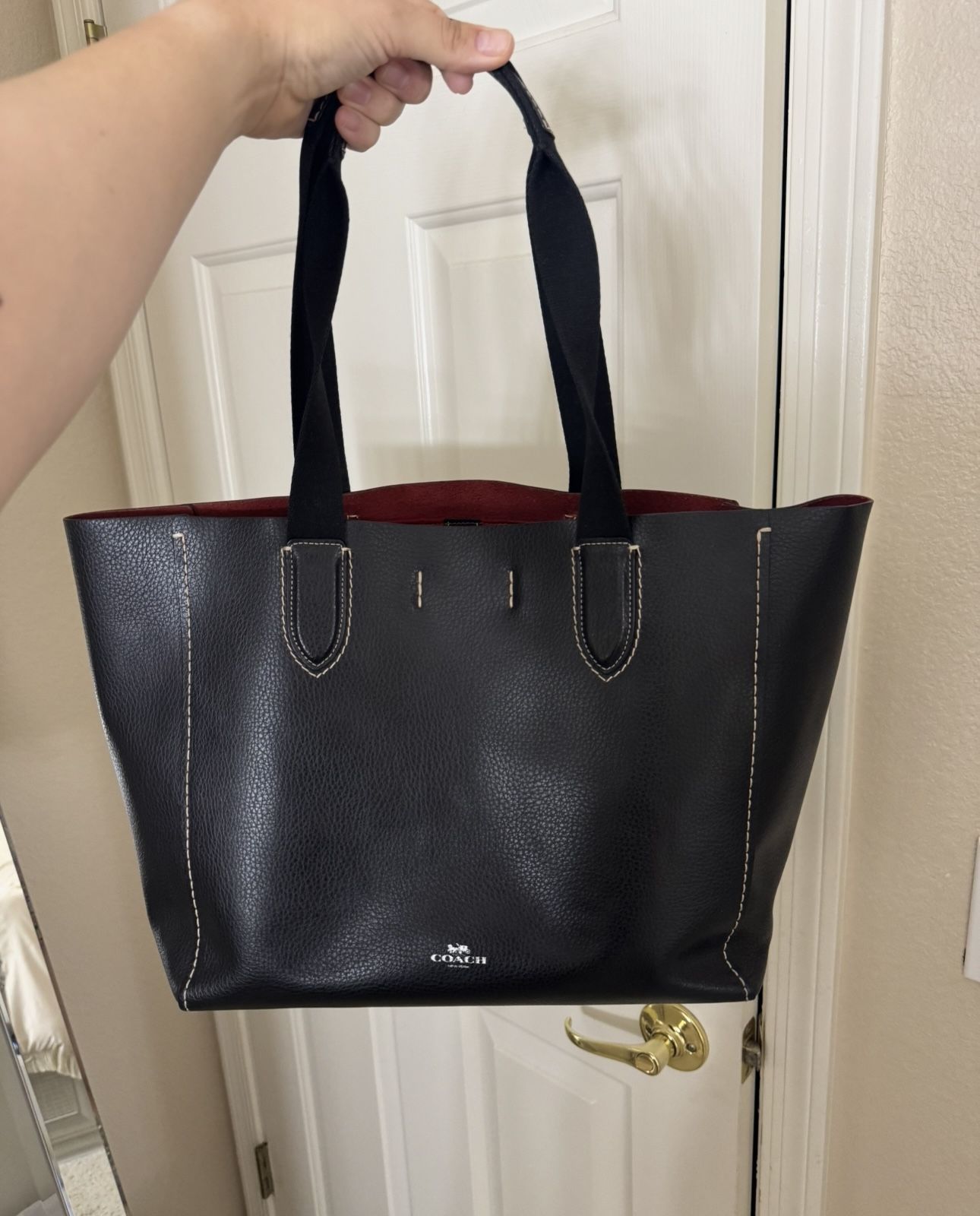 Coach Derby Black Leather Tote Bag w/ Red Interior