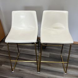 Two White Leather Bar Stools 