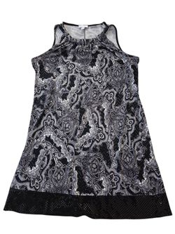 Fashion Bug black/white sleeveless paisley print sequins A-line dress, L. EUC.
