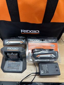 Ridgid batteries, charger and bag