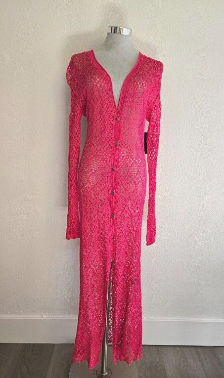 SER.O.YA. HOT PINK HAND CROCHETED ALLISON MAXI CARDIGAN NWT ORIG.