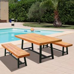 Outdoor Wood Dining Set Table with Two Benches I#1373

