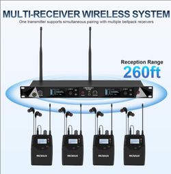 Wireless in Ear Monitor System, Pro Mono IEM System for Musicians
2 Channel, 2x40 Frequencies, 330ft Range, UHF Rack Mount Transmitter and Bodypacks R