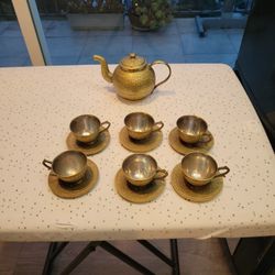 Brass Tea Set w/ Teapot, 6 Cups & 6 Saucers