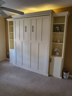 Used Queen Size Murphy Wall Bed with Built-in Shelving – White
