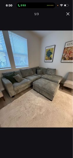 Gray Corduroy Sectional Sofa with Ottoman