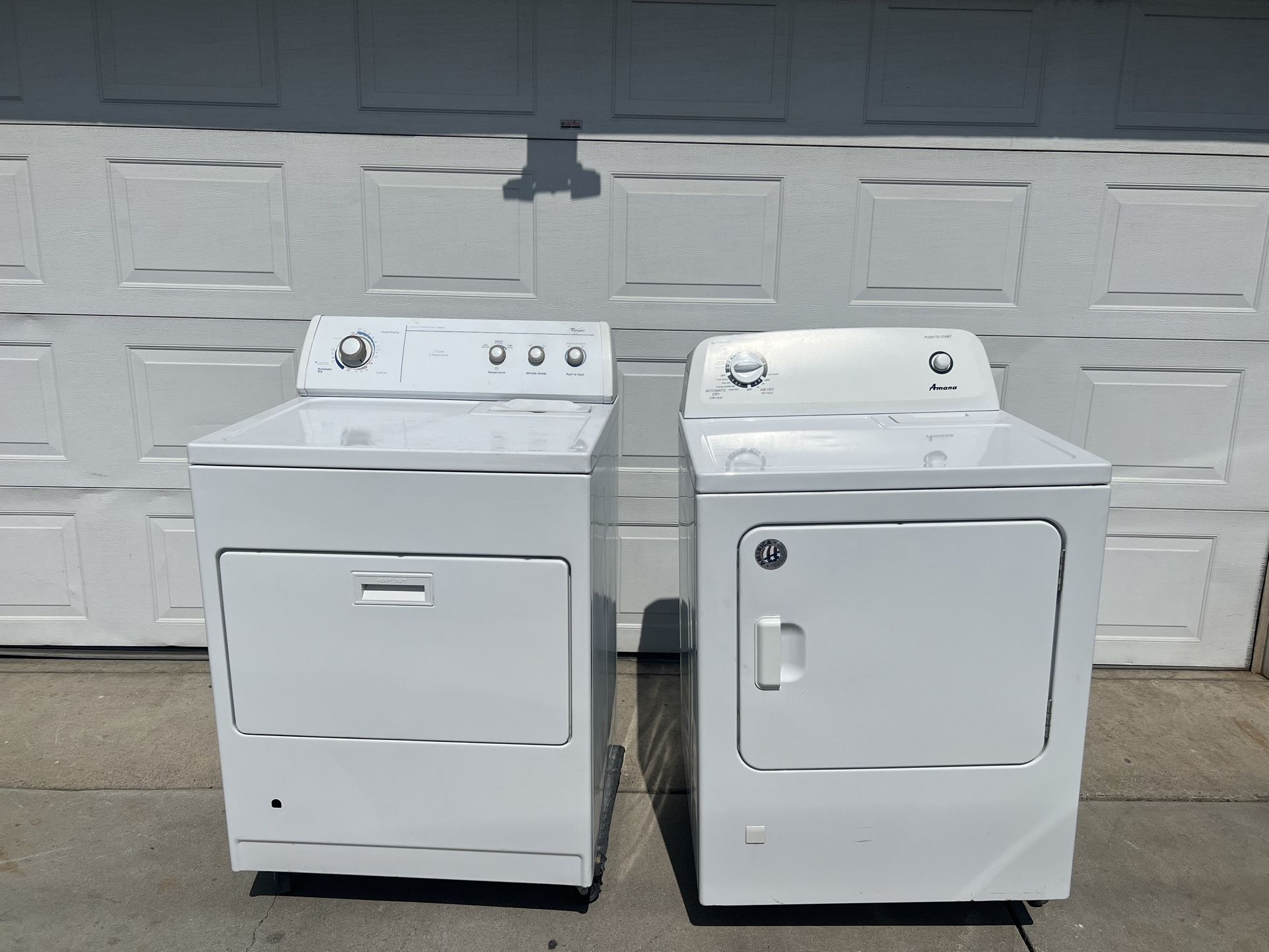 WHITE WHIRLPOOL AND WHITE AMANA GAS DRYERS IN GOOD CONDITION