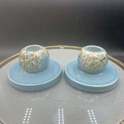 Pair of Vintage 1930s Roseville Pottery Candle Holders Moss Pattern 1109 Blue VG