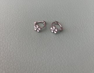 Tiny Cute Huggie Sterling Silver Flower Earrings 