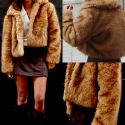 H&M DIVIDED NWT CROPPED Faux Fur FLUFFY Dark beige loose fit JACKET XS