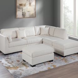 BEIGE CORDUROY SECTIONAL SOFA WITH OTTOMAN  