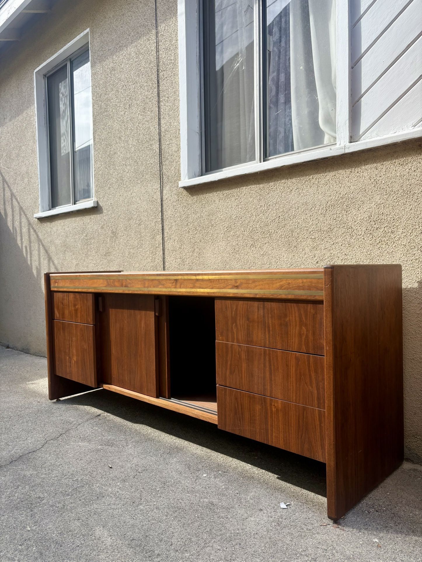 Early 70s Solid Walnut Credenza – 5 Drawers + Sliding Doors