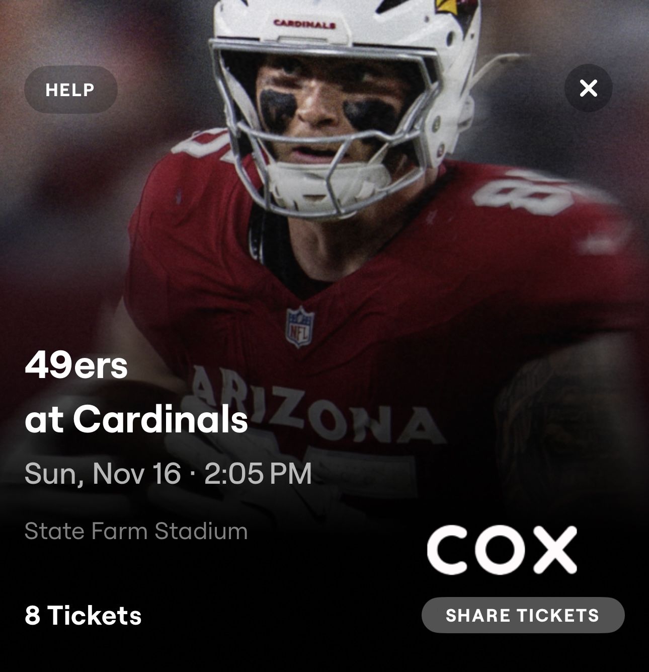 2 Seats - SEC 122 - ROW 8 - 49ers Vs Cardinals - Endzone