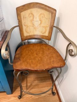 Ornate Metal and Wood Bar Stool with Arms