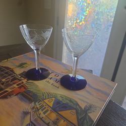 Vintage Cobalt Blue Stem Glasses Set of 2 Etched Floral