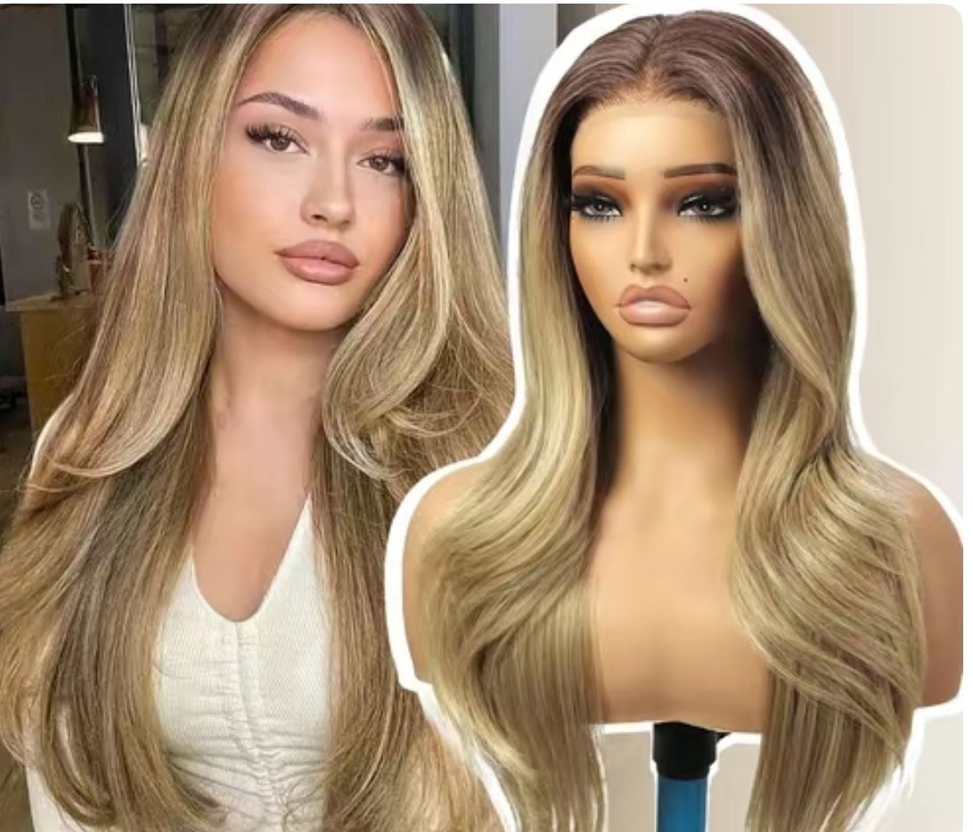 Ash Blonde Dark Root 26 Inch Straight Layered Lace Front Lace Part Wig