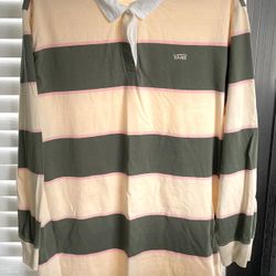 VANS Polo Shirt - Mens Big & Tall XL - Green/Pink/Cream - Long Sleeve - Striped
