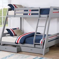 Brand New Grey Twin Over Full Bunk Bed w Trundle Drawers 